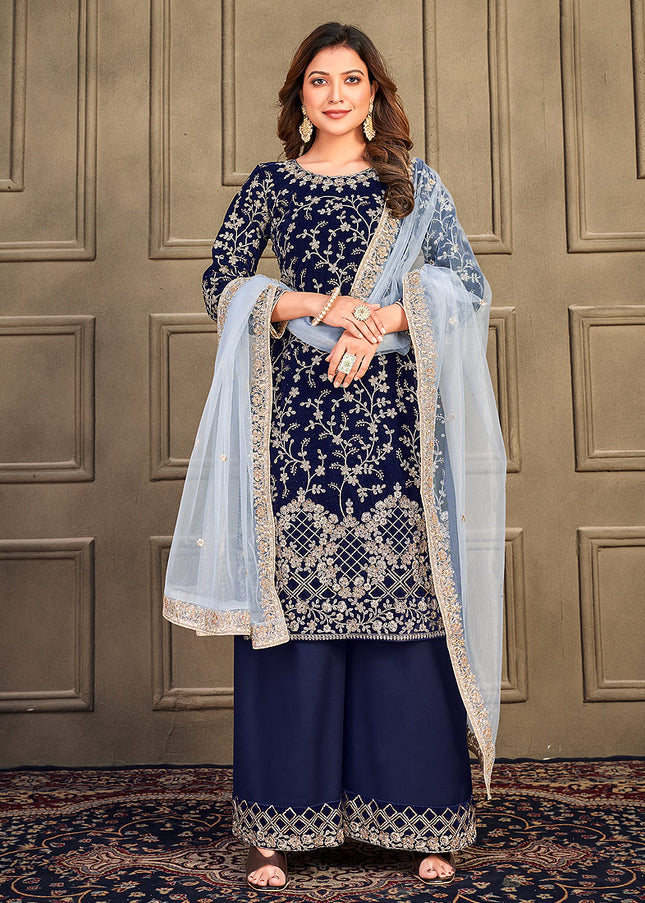 Blue and gold Embroidered Velvet Palazzo Suit