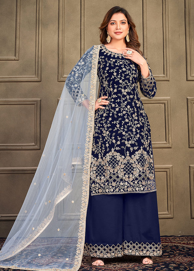 Blue and gold Embroidered Velvet Palazzo Suit