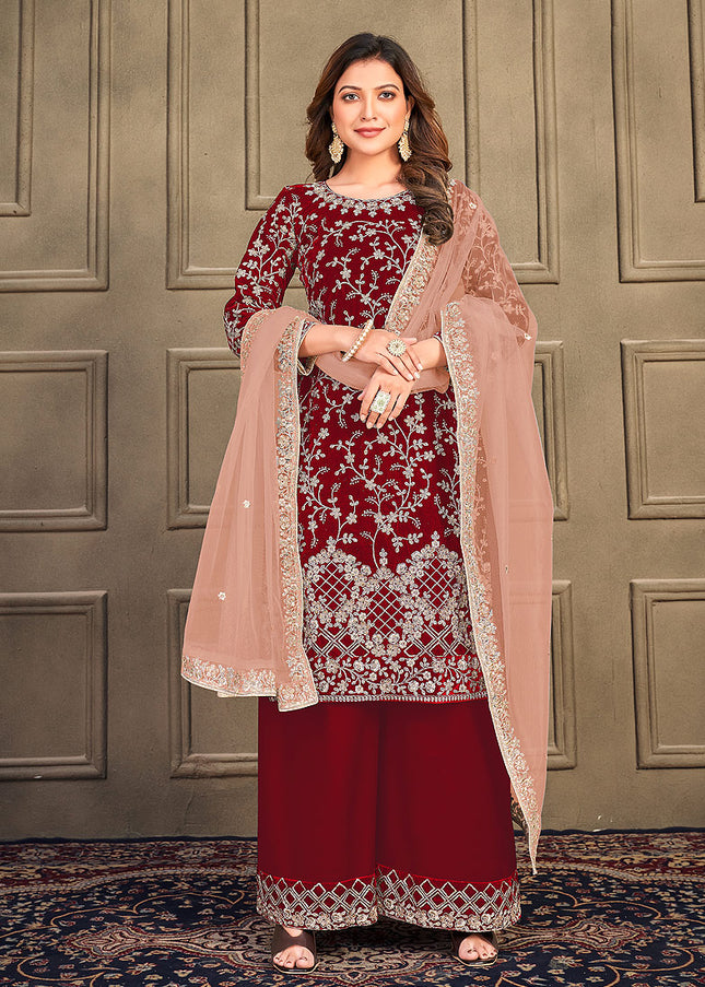 Red and gold Embroidered Velvet Palazzo Suit