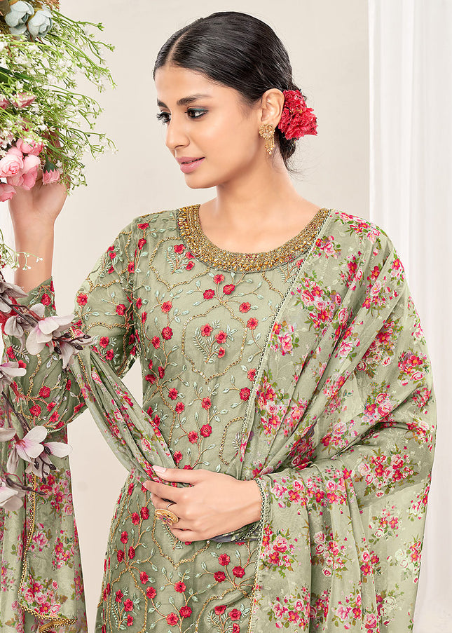 Green Floral Embroidered Punjabi Suit