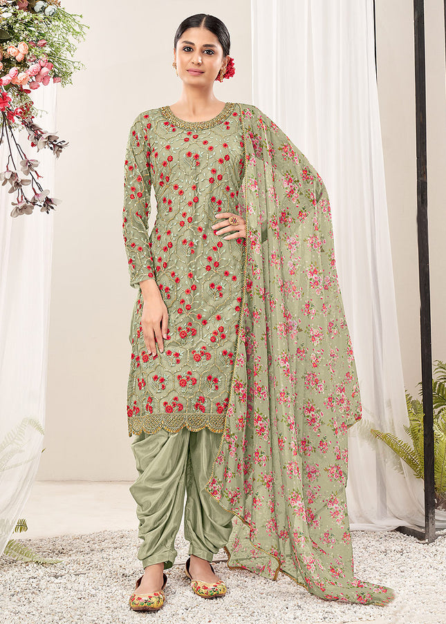 Green Floral Embroidered Punjabi Suit