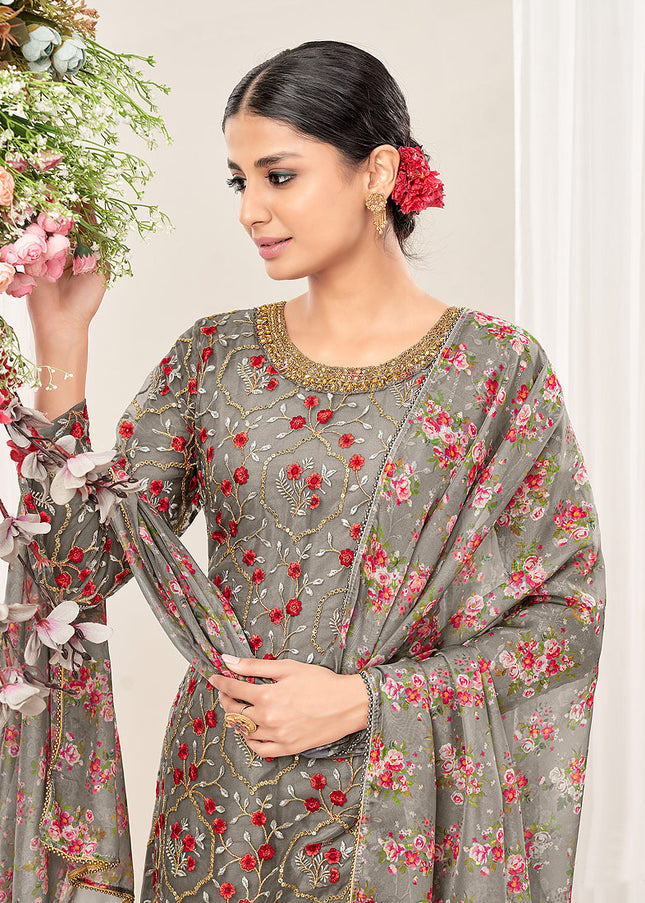 Grey Floral Embroidered Punjabi Suit