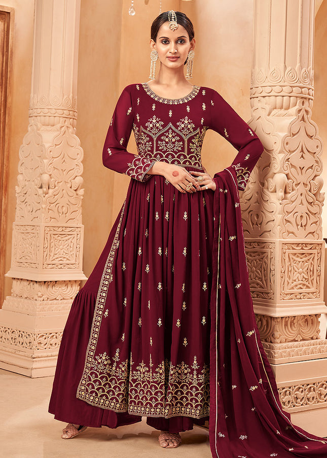 Maroon and Gold Embroidered Sharara Suit