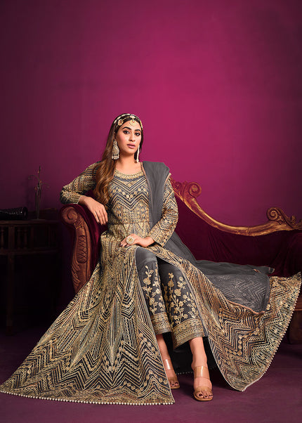 Grey and Gold Embroidered Pant Style Anarkali