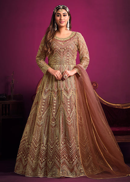 Brown and Gold Embroidered Pant Style Anarkali
