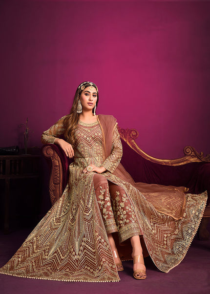 Brown and Gold Embroidered Pant Style Anarkali