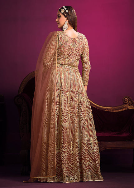 Brown and Gold Embroidered Pant Style Anarkali