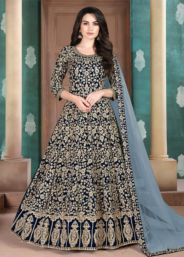Blue and Gold Heavy Embroidered Anarkali