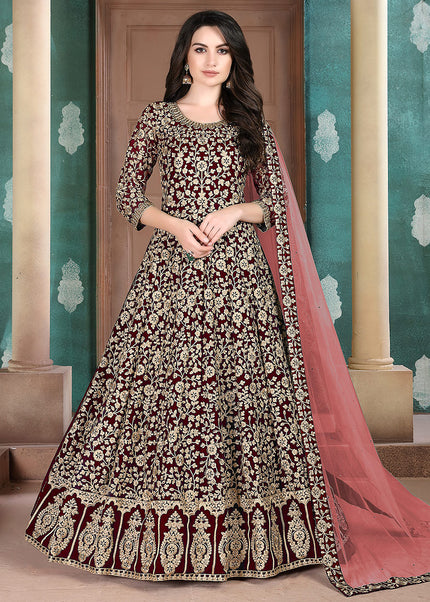 Maroon and Gold Heavy Embroidered Anarkali