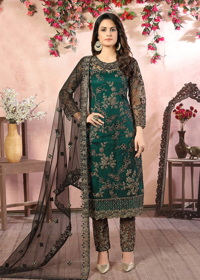 Aqua Green Embroidered Pant Style Suit