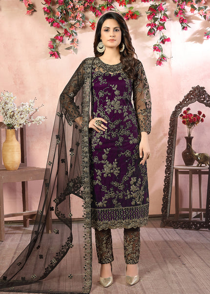 Purple Embroidered Pant Style Suit