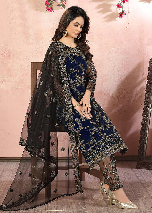 Blue Embroidered Pant Style Suit