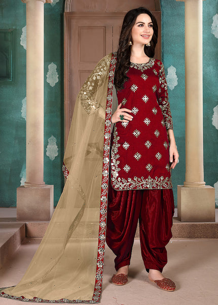 Red Embroidered Punjabi Suit