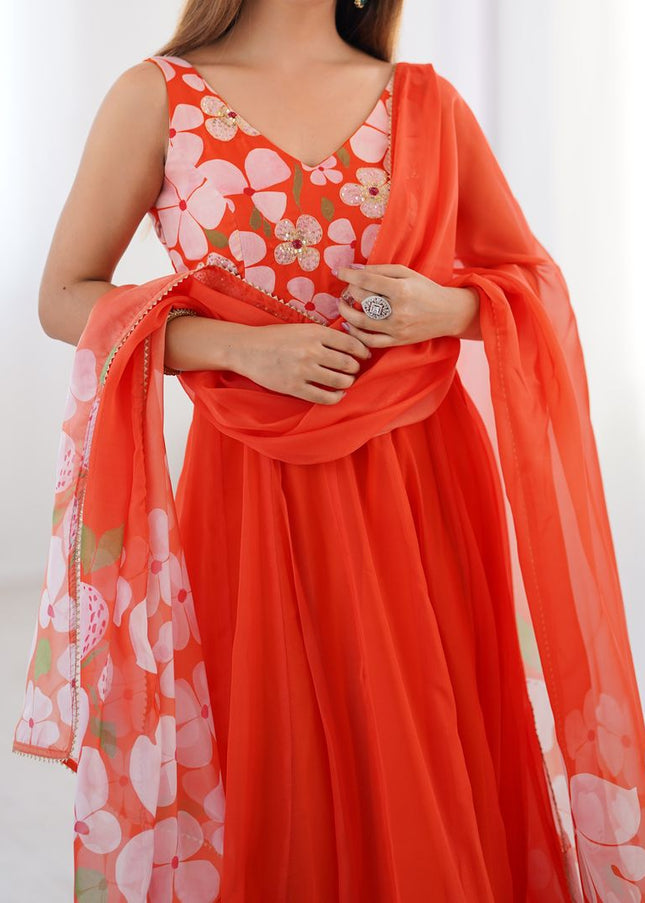 Orange Printed Anarkali Gown