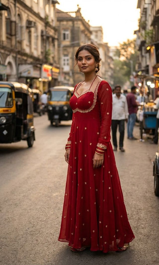 Red Embroidered Anarkali Gown