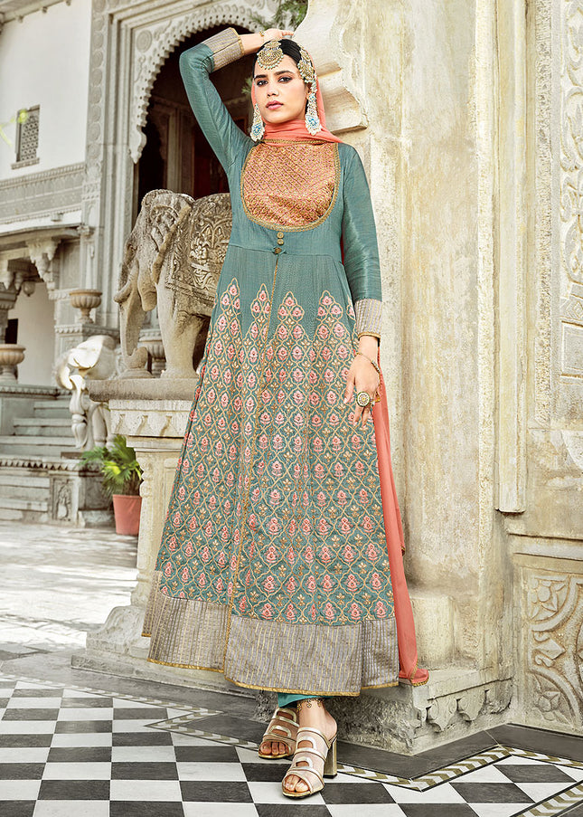 Blue and Pink Embroidered Pant Style Anarkali
