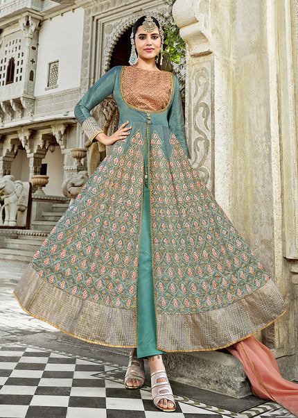 Blue and Pink Embroidered Pant Style Anarkali