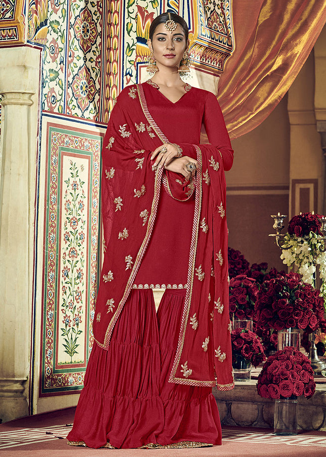 Red Embroidered Gharara Suit