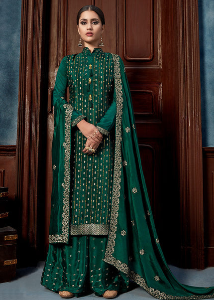 Sea Green and Gold Embroidered Palazzo Suit