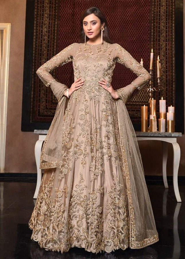 Beige and Gold Embroidered Anarkali