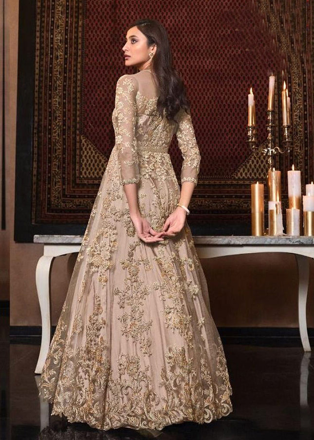 Beige and Gold Embroidered Anarkali