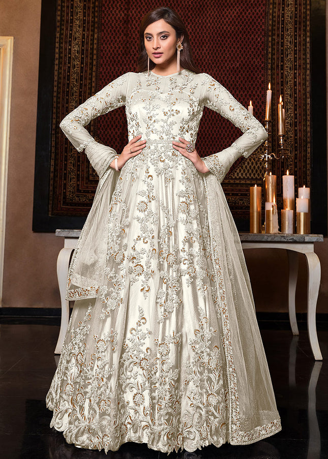 White and Gold Embroidered Anarkali
