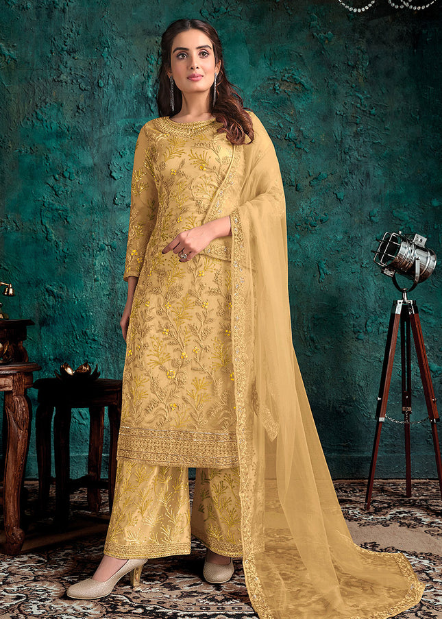 Golden Yellow Embroidered Pant Style Suit