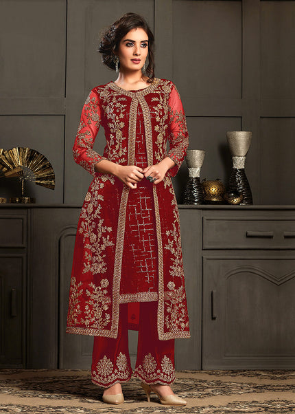 Red and Gold Embroidered Pant Style Suit