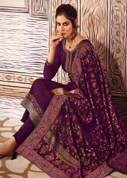 Purple and Gold Embroidered Pant Style Suit