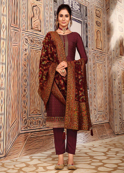 Maroon and Gold Embroidered Pant Style Suit