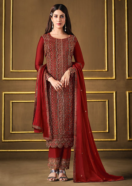 Red and Gold Embroidered Pant Style Suit