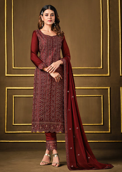 Maroon and Gold Embroidered Pant Style Suit