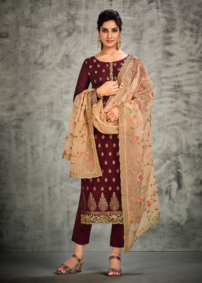 Maroon and Gold Embroidered Pant Style Suit