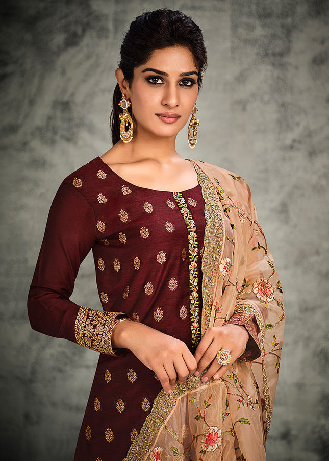 Maroon and Gold Embroidered Pant Style Suit