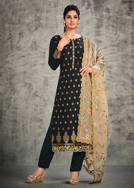 Black and Gold Embroidered Pant Style Suit