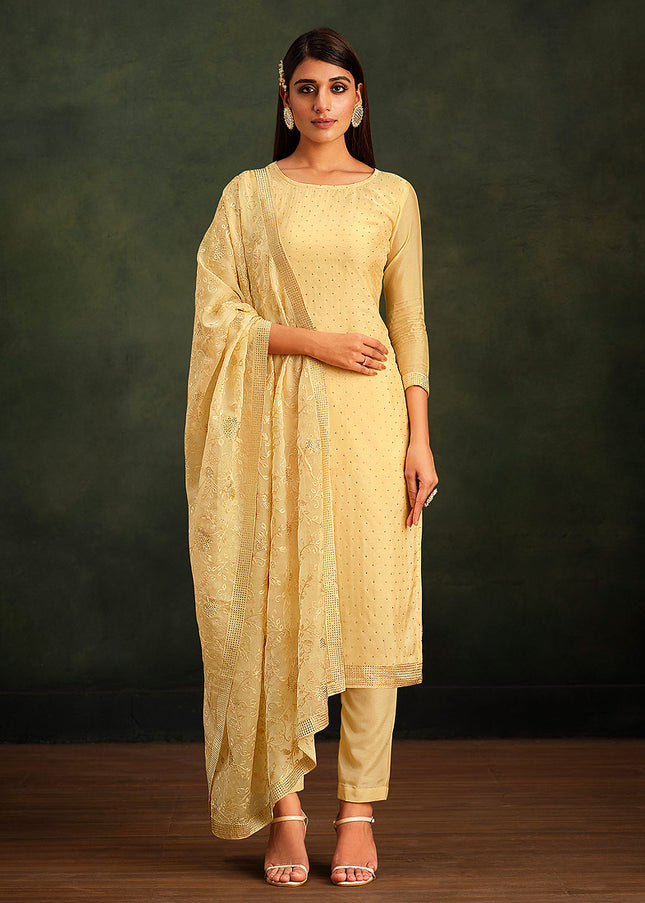 Yellow Embroidered Pant Style Suit