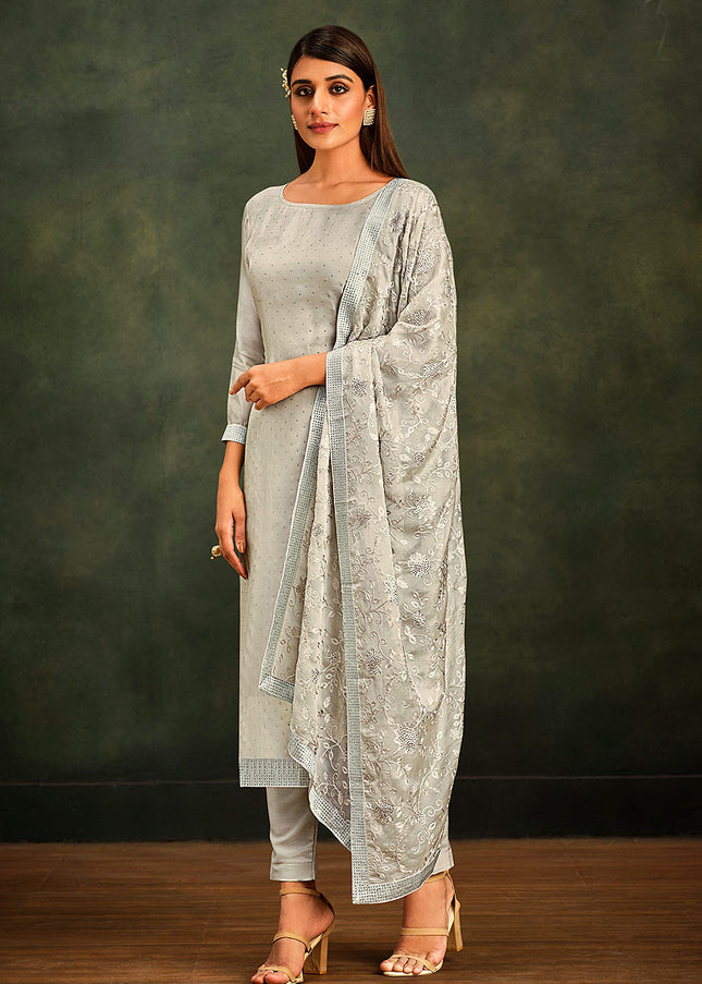 Grey Embroidered Pant Style Suit