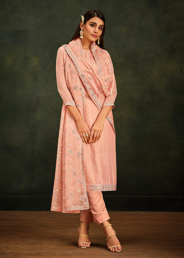 Peach Embroidered Pant Style Suit