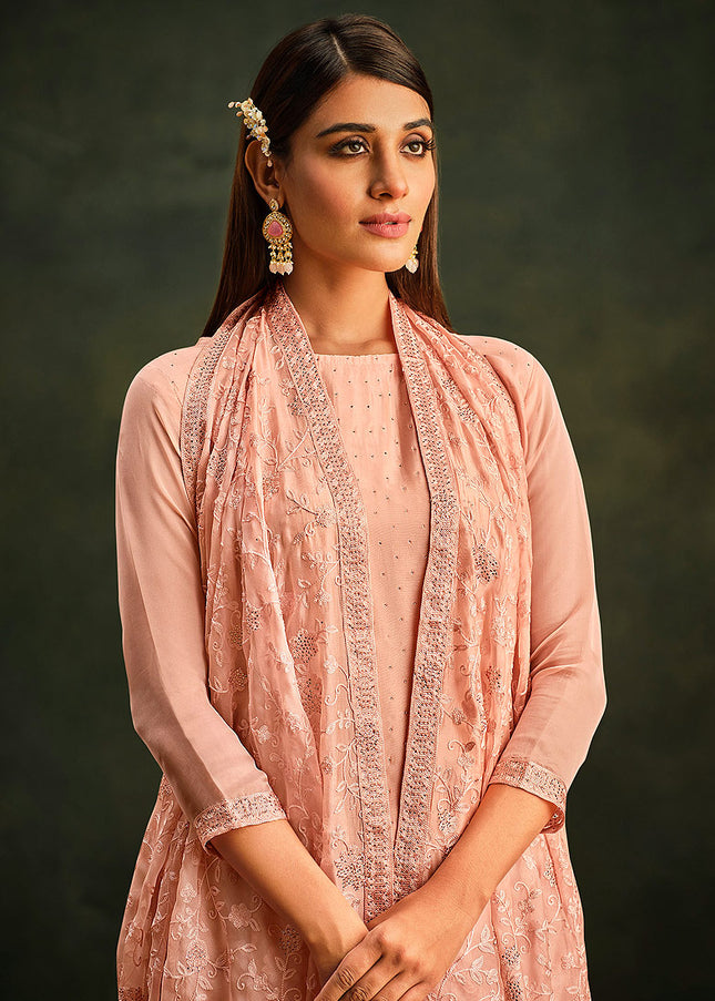 Peach Embroidered Pant Style Suit