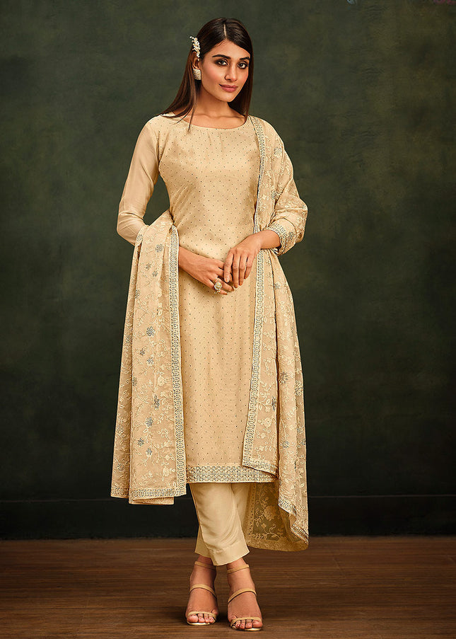 Beige Embroidered Pant Style Suit
