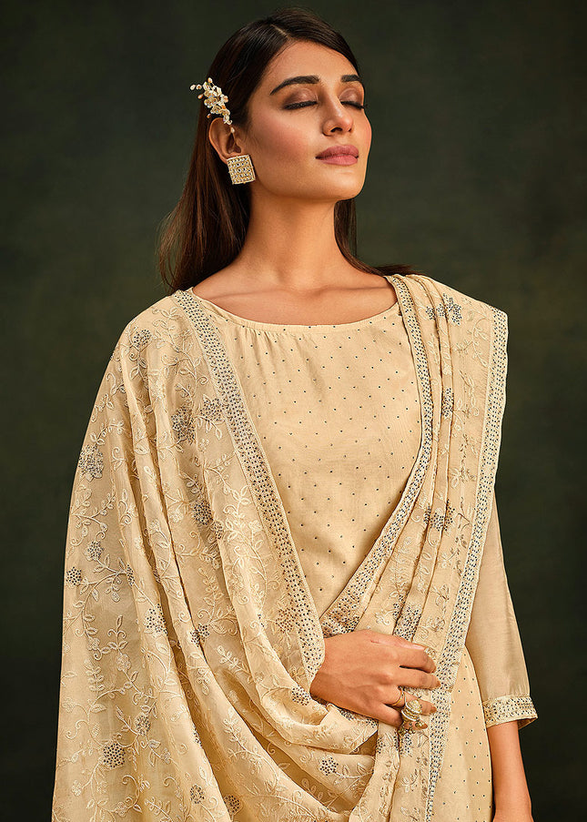 Beige Embroidered Pant Style Suit