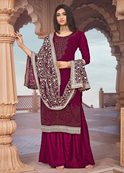 Magenta and Gold Embroidered Palazzo Suit