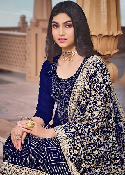 Navy Blue and Gold Embroidered Palazzo Suit