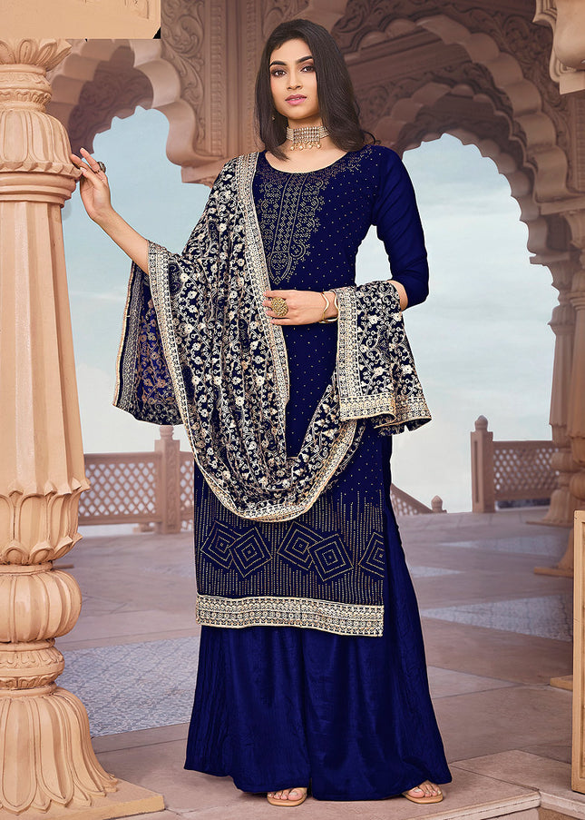 Navy Blue and Gold Embroidered Palazzo Suit