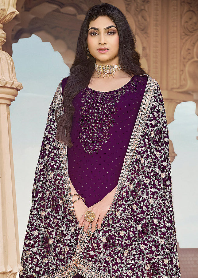 Purple and Gold Embroidered Palazzo Suit