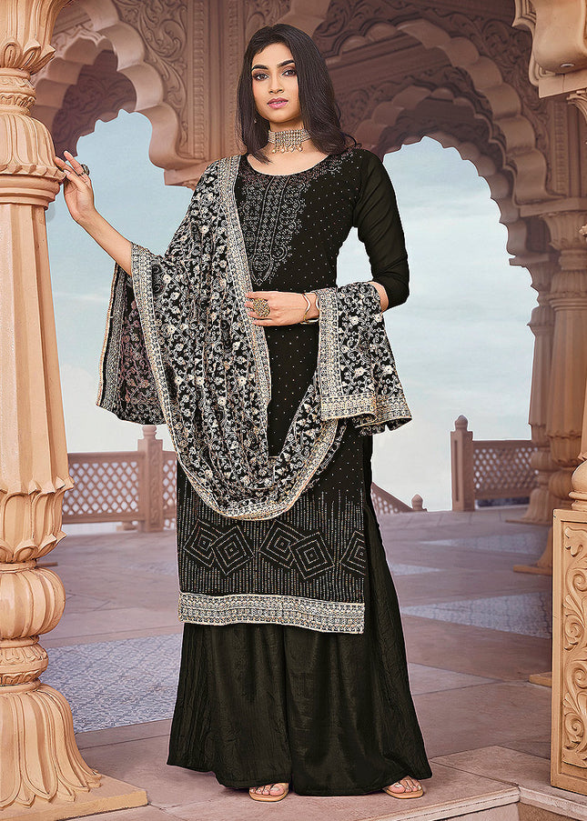 Black and Gold Embroidered Palazzo Suit