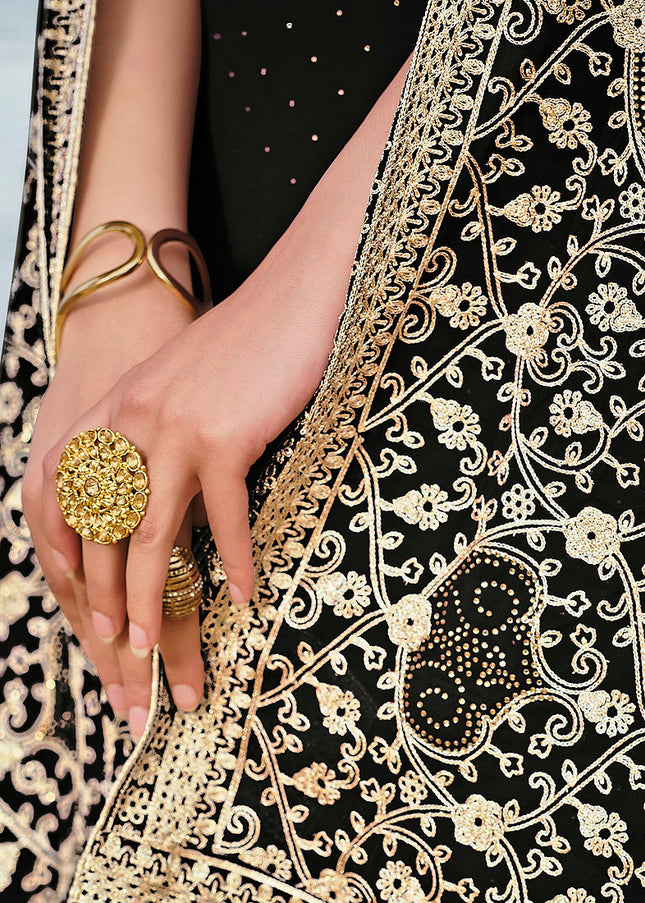 Black and Gold Embroidered Palazzo Suit