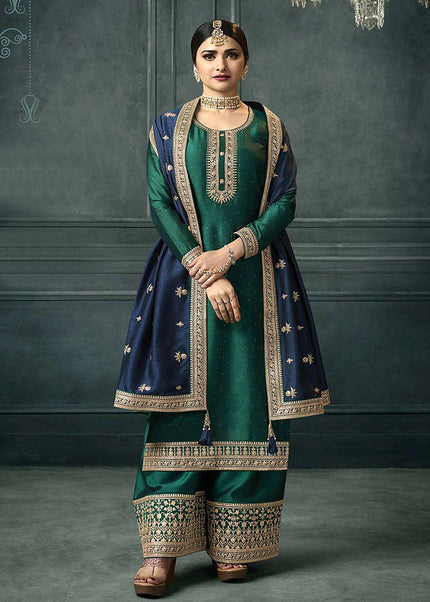 Green and Blue Embroidered Pant Style Suit