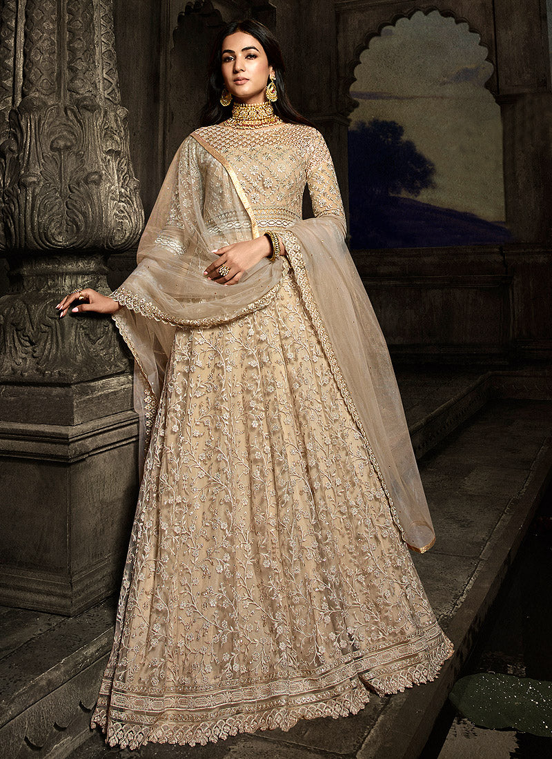 Beige and Gold Embroidered Anarkali FALAKENOOR Beige and Gold Embroidered Anarkali FALAKENOOR