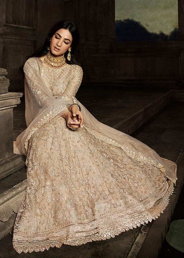 Beige and Gold Embroidered Anarkali